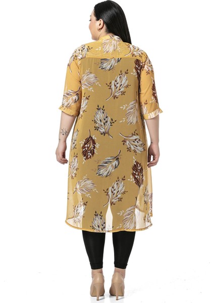 Büyük Beden Dik Yaka Kısa Kollu Arkası Uzun Şifon Hardal Tunik Gömlek modelleri