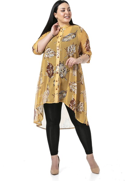 Büyük Beden Dik Yaka Kısa Kollu Arkası Uzun Şifon Hardal Tunik Gömlek fırsatları