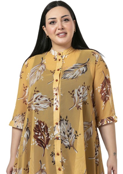 Büyük Beden Dik Yaka Kısa Kollu Arkası Uzun Şifon Hardal Tunik Gömlek indirimleri
