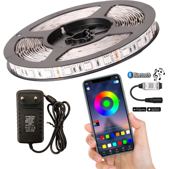 Amber LED Bluetoothlu ve Müziğe Duyarlı Rgb Şerit LED Set Tak Çalıştır 5050 3 Çipli Iç Mekan Silikonsuz