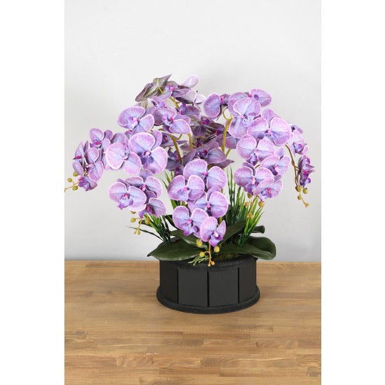 Yapay Çiçek Deposu Dekoratif Ahşap Saksıda 7 Dal Orkide Tanzimi Mor