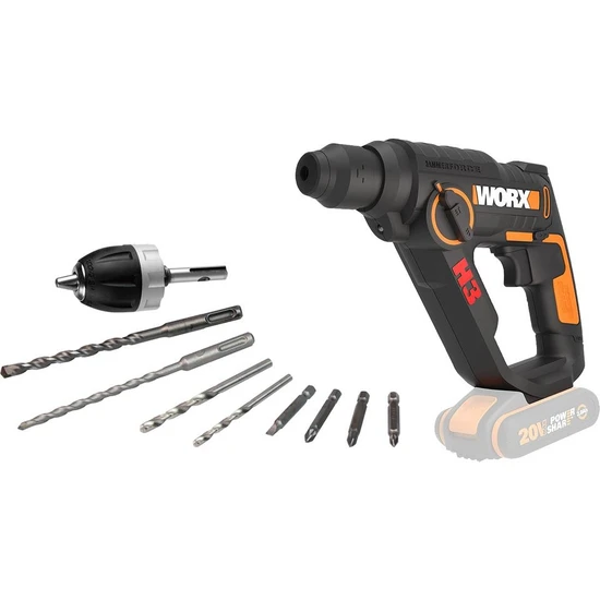 Worx WX390.9 20VOLT 1.2j Profesyonel Sds-Plus Pnömatik Şarjlı Matkap + 8 Adet Uç + Mandren (Akü Dahil Değildir)