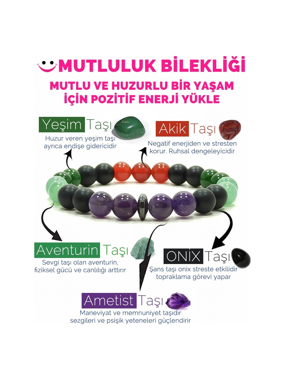 Kamus Mutluluk Bilekliği Akik Yeşim Aventurin Ametist Oniks Doğal Taş Bileklik