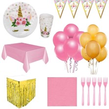 Parti Furyası Unicorn Doğum Günü Parti Seti 16 Kişilik Gold Metalize Masa Eteği Renkli Eşya
