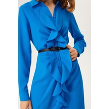 Exquise Fırfırlı Gömlek Elbise Saks Mavisi