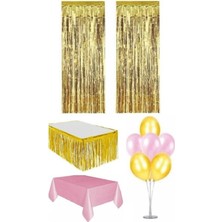 Bal10 Dünyası Gold Renk Metalize Perde Metalize Masa Eteği Plastik Masa Örtüsü 7 Balon Standı Seti