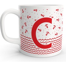 Rock'n Fox C Harfi Denizci Kırmızı Çapa Tasarım Harfli Kupa Bardak