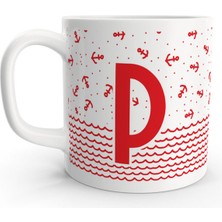 Rock'n Fox P Harfi Denizci Kırmızı Çapa Tasarım Harfli Kupa Bardak