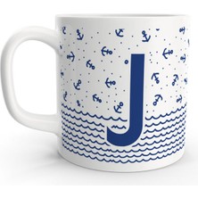 Rock'n Fox J Harfi Denizci Mavi Çapa Sailor Tasarım Renkli Harfli Kupa Bardak