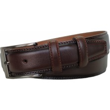 Kar-Pa %100 Hakiki Deri Kahverengi Dikişli Klasik Pantolon Kemeri, 3.5 cm