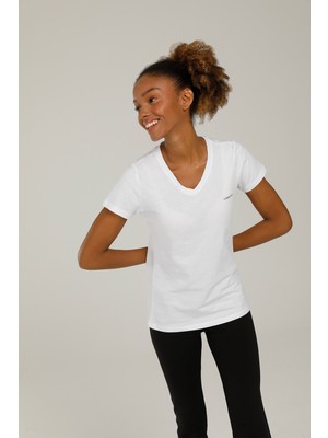 Lumberjack CT126 Basic V Neck T-Shirt Beyaz Kadın T-Shirt