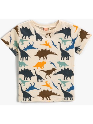 Koton Erkek Bebek Dinozor Baskılı Kısa Kollu Tişört Pamuklu Bisiklet Yaka Tropikal Desenli