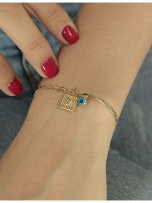 Fiyonk Kuyumculuk 14 Ayar Altın Mini Göz Detaylı Kilit Uçlu Balık Sırtı Bileklik