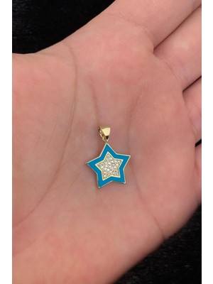 Fiyonk Kuyumculuk 14 Ayar Altın Firuze Şerit Detaylı Taşlı Yıldız Kolye Ucu
