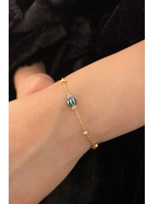 Fiyonk Kuyumculuk 14 Ayar Altın Dorika Top Detaylı Mavi Objeli Bileklik