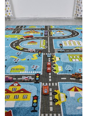 Konfor Halı 3 Boyutlu Mavi Trafik Arabalı Dokuma Çocuk Oyun Halısı 80 x 150 cm