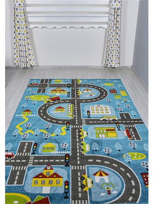 Konfor Halı 3 Boyutlu Mavi Trafik Arabalı Dokuma Çocuk Oyun Halısı 80 x 150 cm