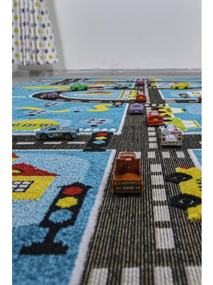 Konfor Halı 3 Boyutlu Mavi Trafik Arabalı Dokuma Çocuk Oyun Halısı 80 x 150 cm