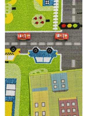 Konfor Halı 3 Boyutlu Yeşil Trafik Arabalı Dokuma Çocuk Oyun Halısı 80 x 150 cm