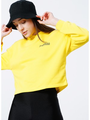 Aeropostale K-Gaia-Y Kapüşonlu Uzun Kollu Crop Baskılı Sarı Kadın Sweatshirt