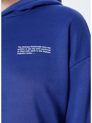 Aeropostale K-Gaia-Y Kapüşonlu Uzun Kollu Crop Baskılı İndigo Kadın Sweatshirt