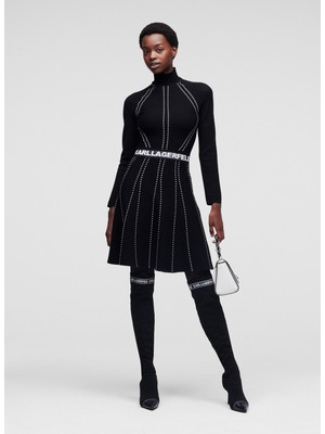 Karl Lagerfeld 216W2031 Dik Yaka Standart Kalıp Siyah Kadın Elbise