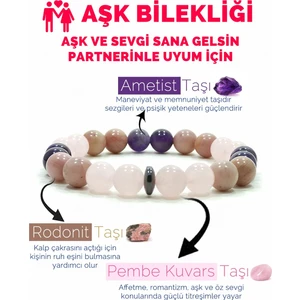Aşk Bilekliği Pembe Kuvars Rodonit Ametist Doğal Taş Bileklik