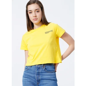 K-Belenus-Y Bisiklet Yaka Kısa Kollu Crop Baskılı Sarı Kadın T-Shirt