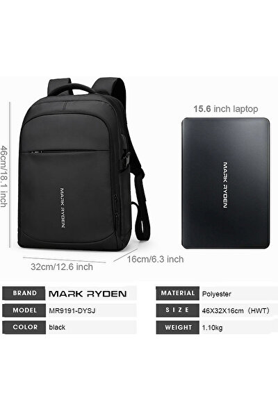 Mark Ryden 9191 USB Destekli Dizüstü Bilgisayar İçin Sırt Çantası - Siyah (Yurt Dışından)