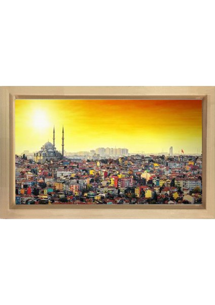 Istanbul ve Günbatımı Tablosu-Naturel Ahşap Çerçeve - 70X100