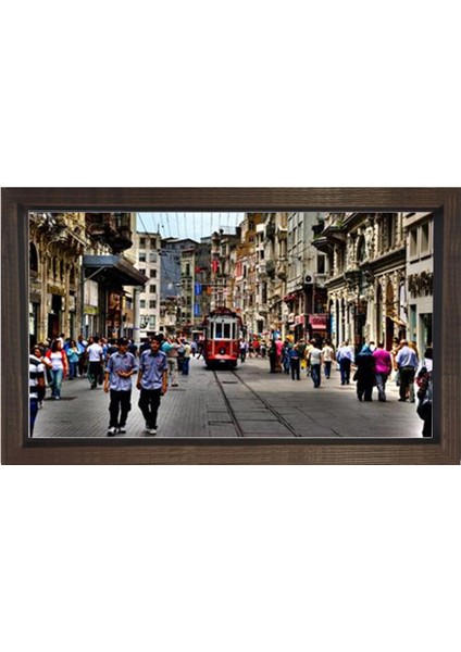 Kırmızı Tramvay ve Taksim Tablosu-Kahverengi Ahşap Çerçeve - 40X60