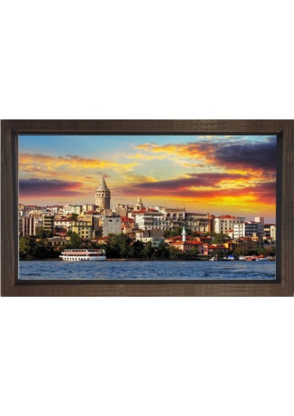 Galata Kulesi ve Deniz Tablosu-Kahverengi Ahşap Çerçeve - 50X70
