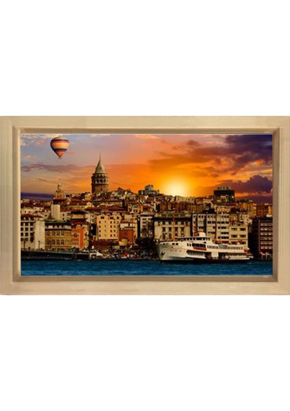 Istanbul ve Günbatımı Tablosu-Naturel Ahşap Çerçeve - 50X70