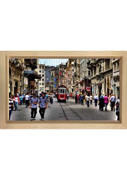 Kırmızı Tramvay ve Taksim Tablosu-Naturel Ahşap Çerçeve - 50X70