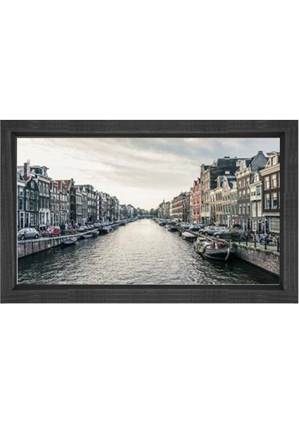 Amsterdam ve Amstel Irmağı Tablosu-Siyah Ahşap - 50X70