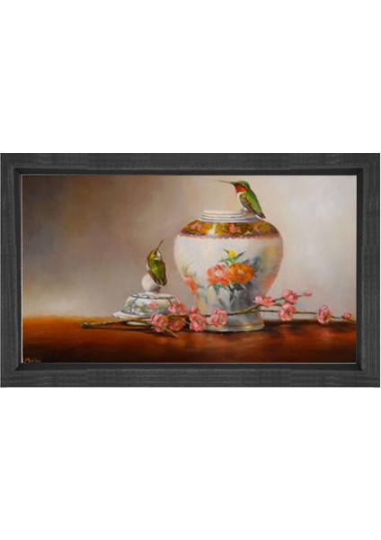 Çiçekler ve Vazo Tablosu-Siyah Ahşap Çerçeve - 50 x 90