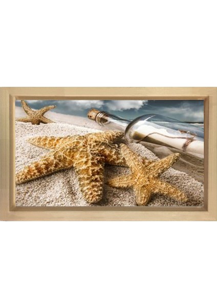 Deniz Yıldızları ve Şişe Tablosu-Naturel Ahşap Çerçeve - 50X70