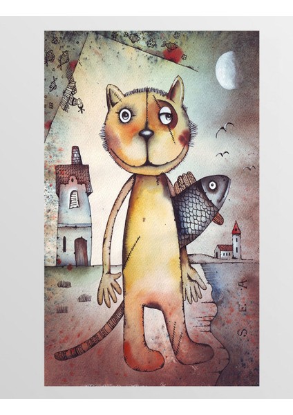 Kedi ve Balık Tablosu-Çerçevesiz - 70X100