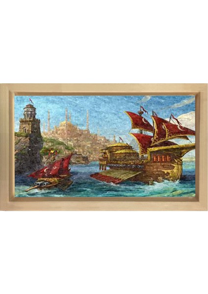 Istanbul ve Yelkenli Gemi Tablosu-Naturel Ahşap Çerçeve - 40 x 60 cm