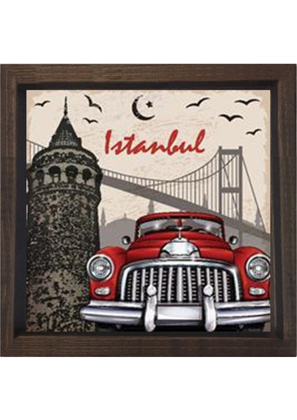 Istanbul Vintage Araba Tablosu-Kahverengi Ahşap Çerçeve - 100X100