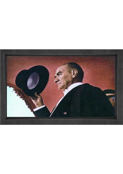 Atatürk Şapkasıyla Tablosu-Siyah Ahşap - 50 x 90