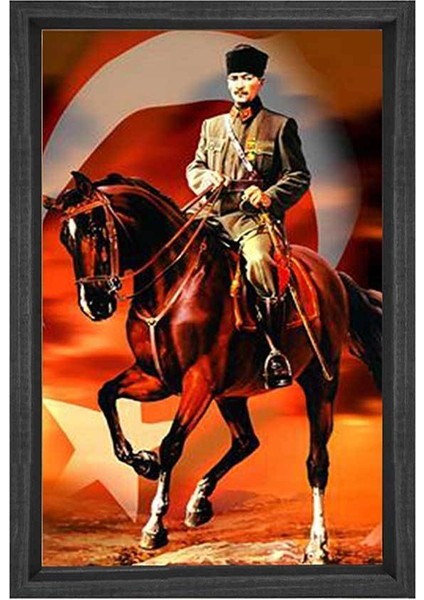 Atatürk Atın Üzerinde Tablosu-Siyah Ahşap - 70X100