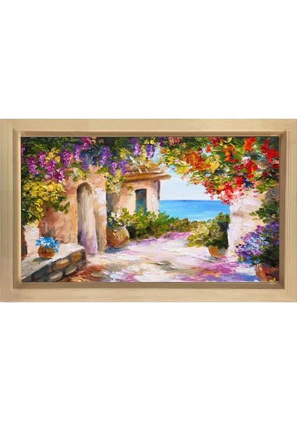 Çiçekler ve Deniz Manzarası Tablosu-Naturel Ahşap - 50 x 70
