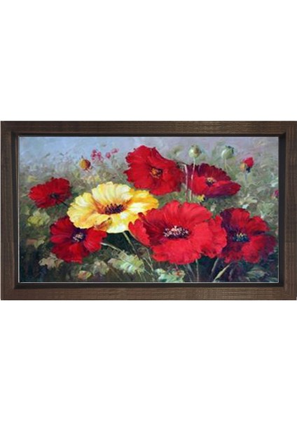 Kırmızı Sarı Çiçek Bahçesi Tablosu-Kahverengi Ahşap - 100 x 150