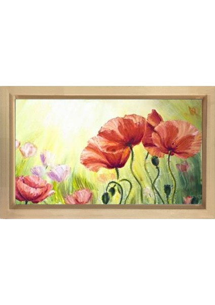 Kırmızı Gül ve Gelincik Çiçekleri Tablosu-Naturel Ahşap Çerçeve - 50 x 70
