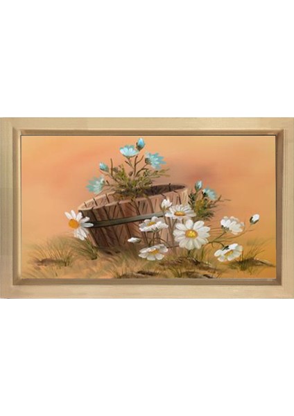 Saksı ve Papatyalar Tablosu-Naturel Ahşap - 100 x 150