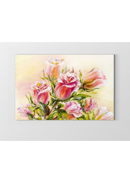 Pembe Gül Çiçekler Tablosu-Çerçevesiz - 50 x 90