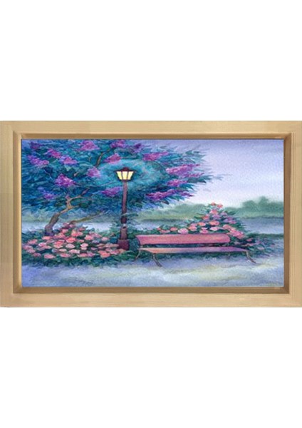 Çiçekler ve Sokak Lambası Tablosu-Naturel Ahşap - 50 x 70