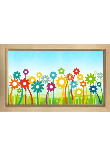 Renkli Çiçekler Tablosu-Naturel Ahşap - 50 x 70