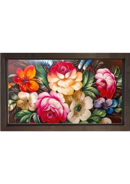 Gül Çiçekleri Tablosu-Kahverengi Ahşap - 50 x 90